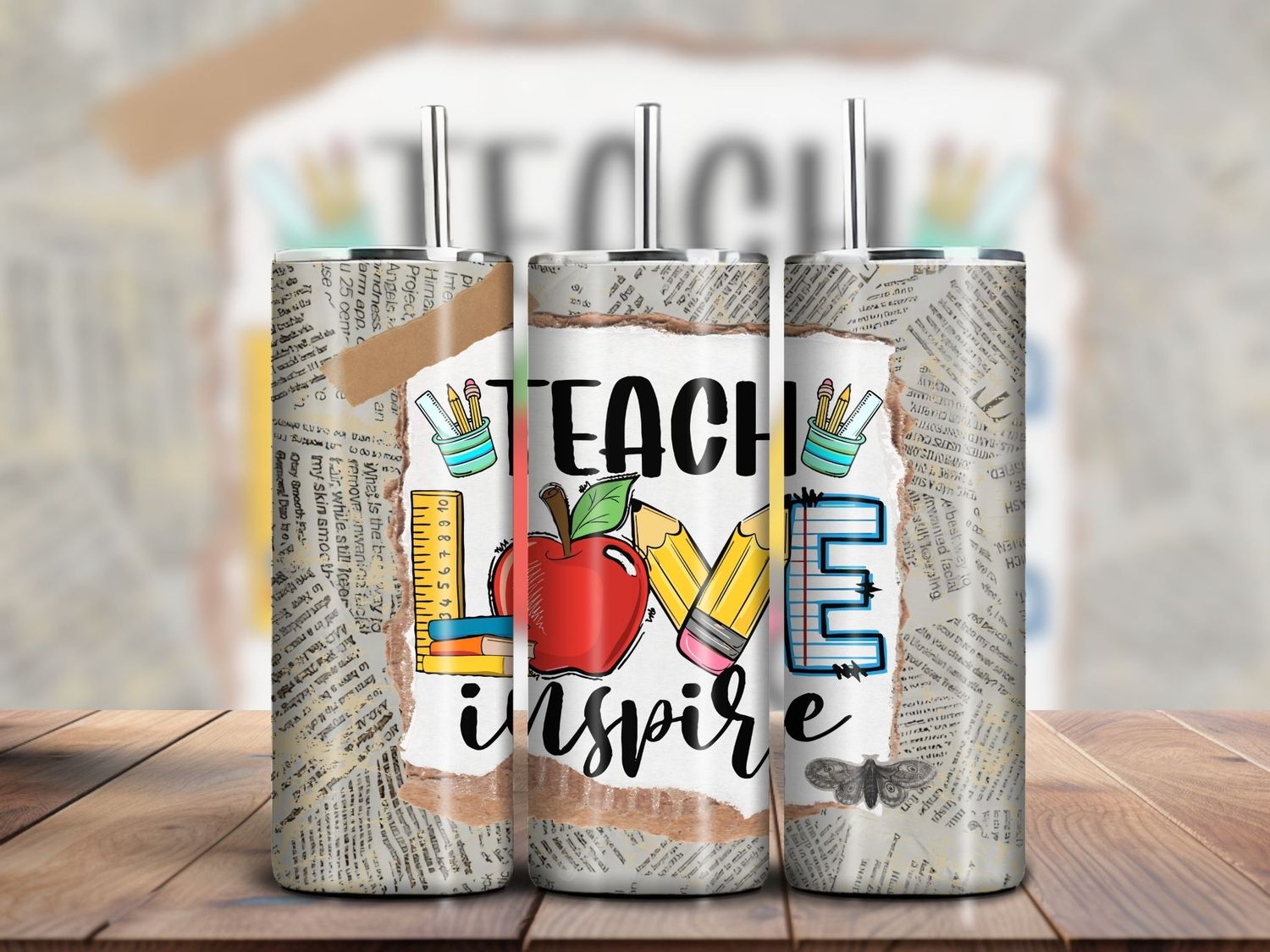 &quot;Teach, Love, Inspire&quot; Newspaper Print Teacher 20oz Skinny Tumbler