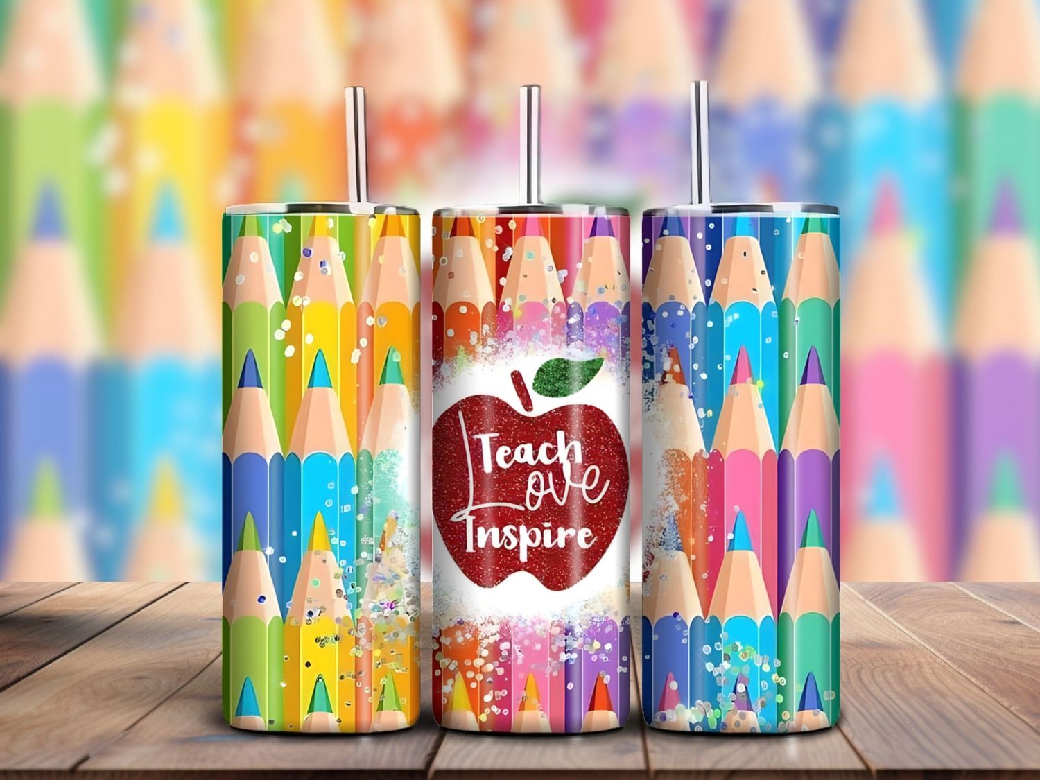 &quot;Teach, Love, Inspire&quot; Pencil Crayon Teacher 20oz Skinny Tumbler