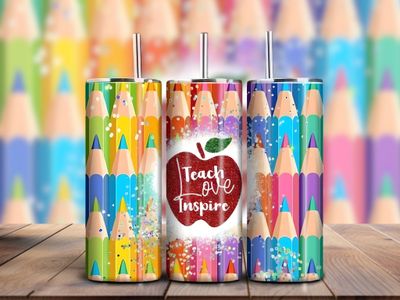 &quot;Teach, Love, Inspire&quot; Pencil Crayon Teacher 20oz Skinny Tumbler