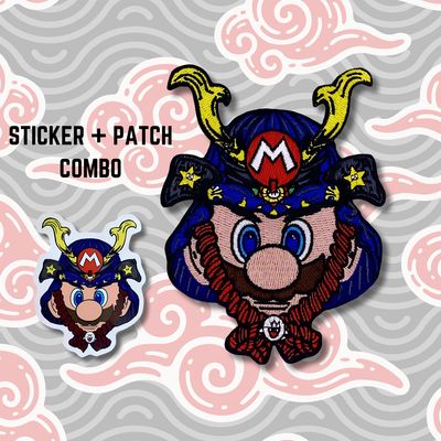 SAMURAI MARIO embroidered patch + sticker combo