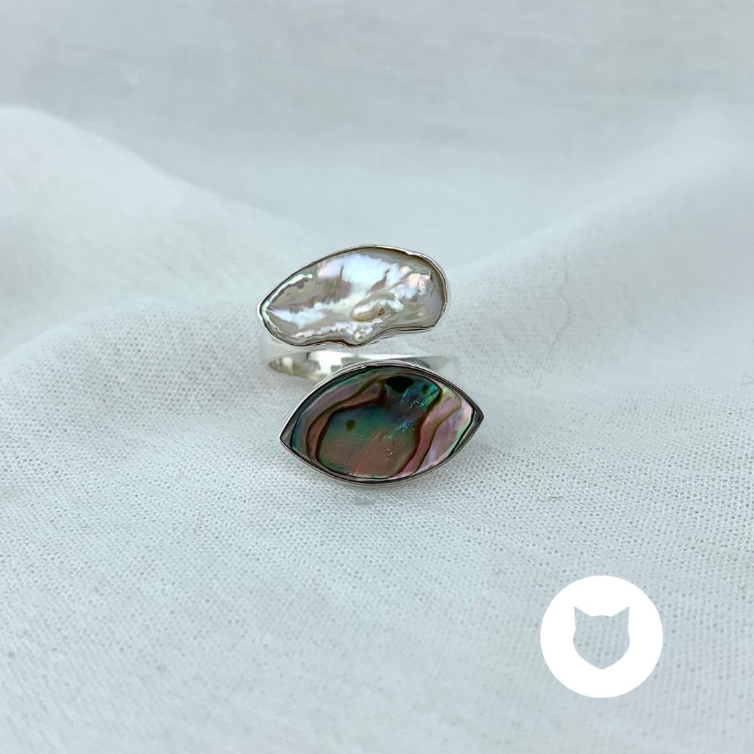 ANILLO DE PLATA 925, PERLA BIGUA Y ABULÓN TALLA AJUSTABLE AN3210M31