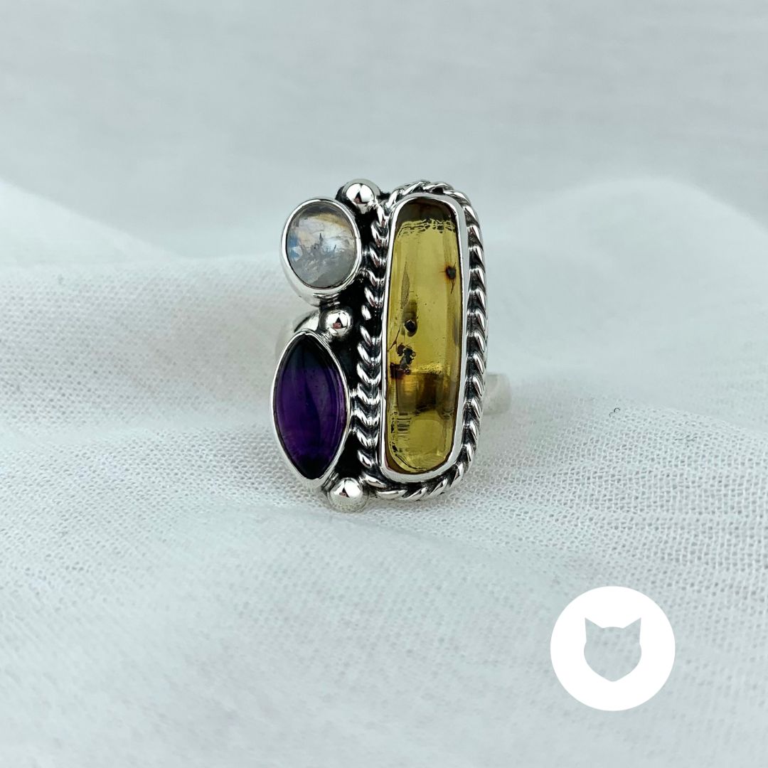 ANILLO DE PLATA 925, AMATISTA, AMBAR, PIEDRA LUNA TALLA AJUSTABLE AN3262M31