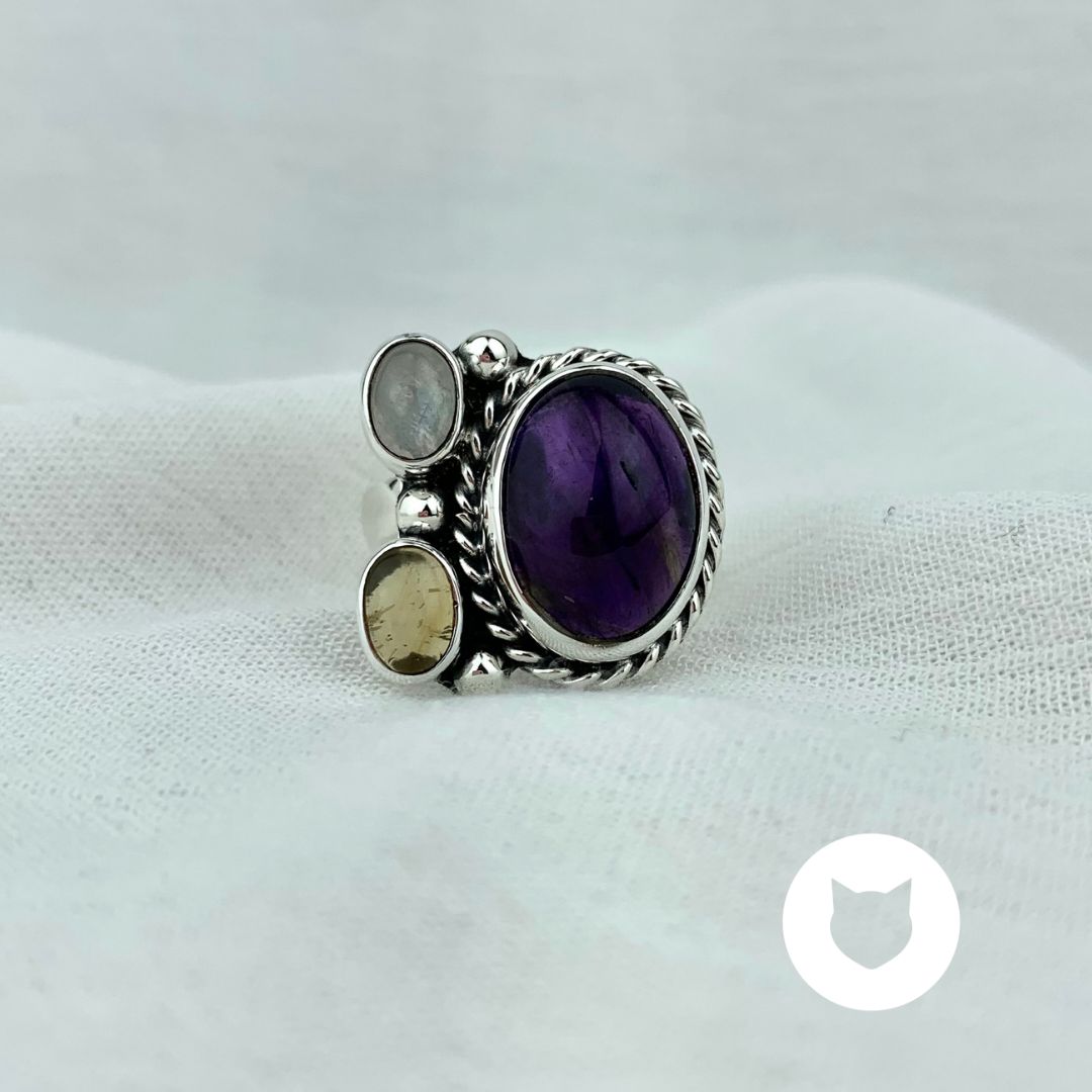 ANILLO DE PLATA 925, AMATISTA, PIEDRA LUNA Y CITRINO TALLA AJUSTABLE AN3267M31