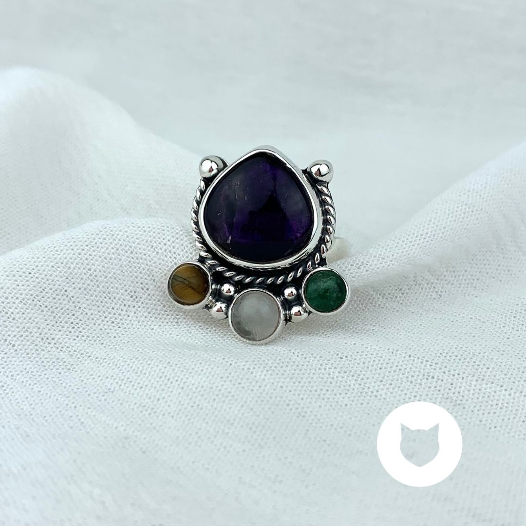 ANILLO DE PLATA 925, AMATISTA, OJO DE TIEGRE, PIEDRA LUNA Y CUARZO VERDE TALLA AJUSTABLE AN3256M29