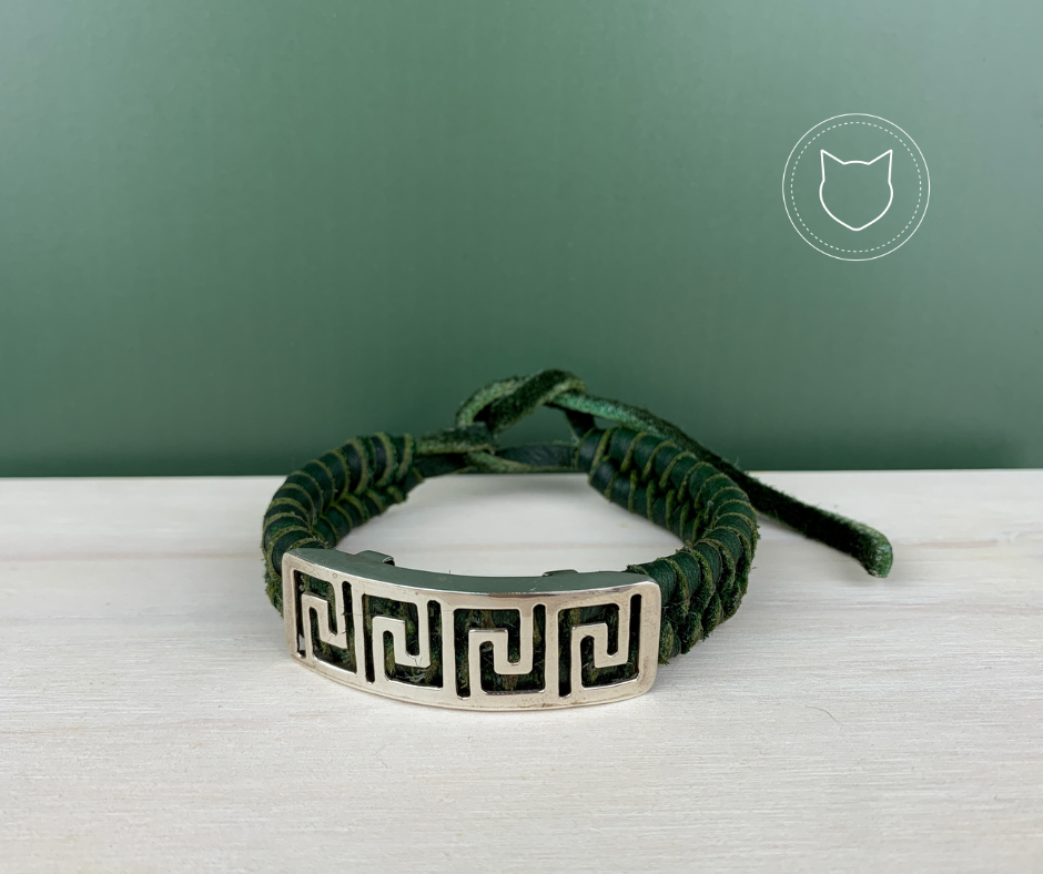 PULSERA DE PLATA 925 Y CUERO VERDE PU0634M