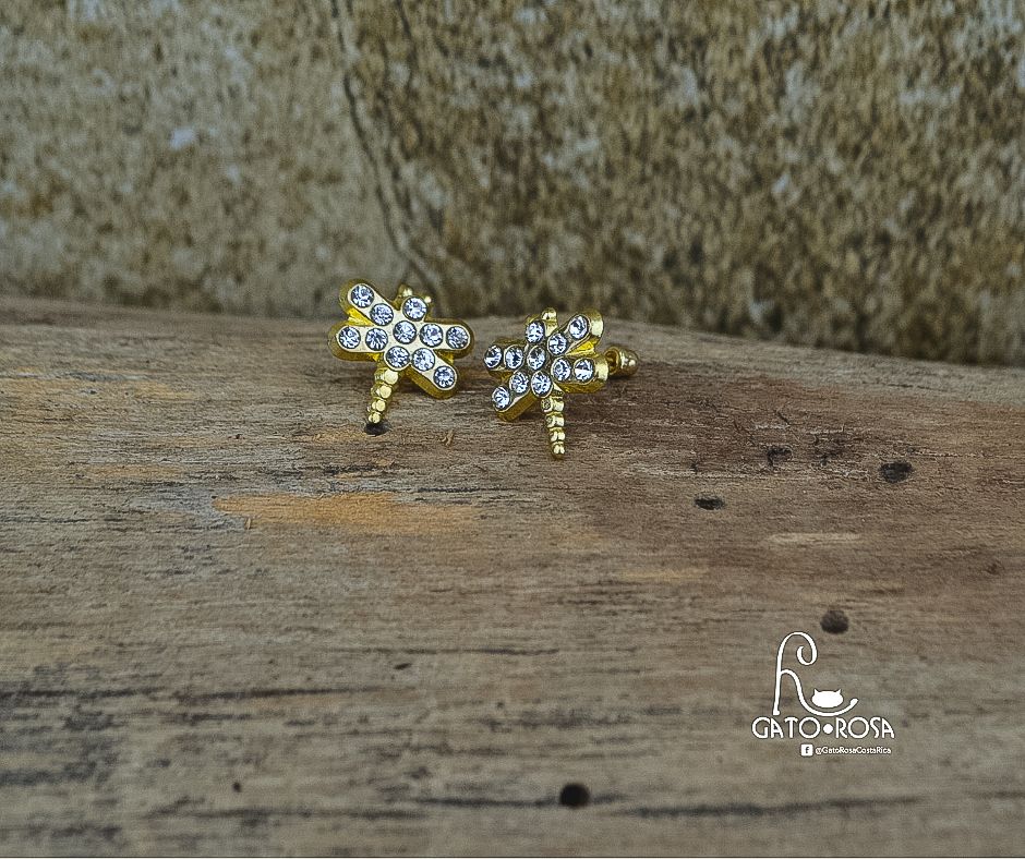 ARETES LIBÉLULA DE ORO DE 10 KILATES Y CRISTALES AR0374M
