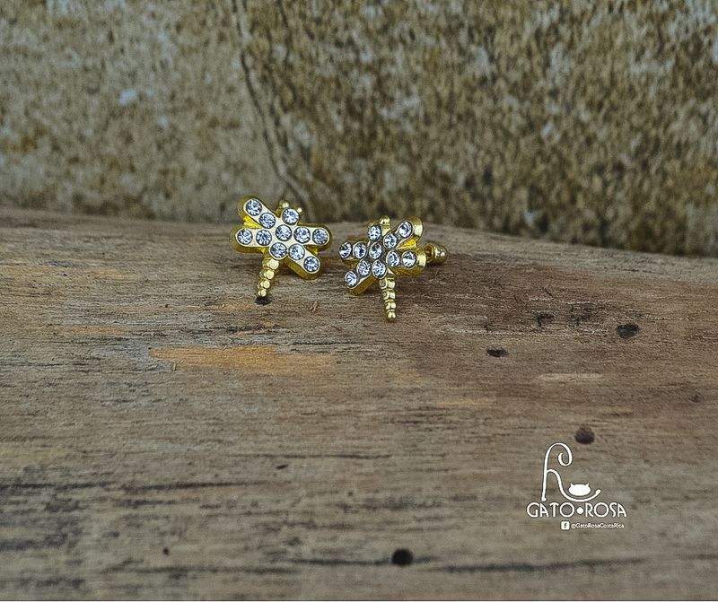 ARETES LIBÉLULA DE ORO DE 10 KILATES Y CRISTALES AR0374M