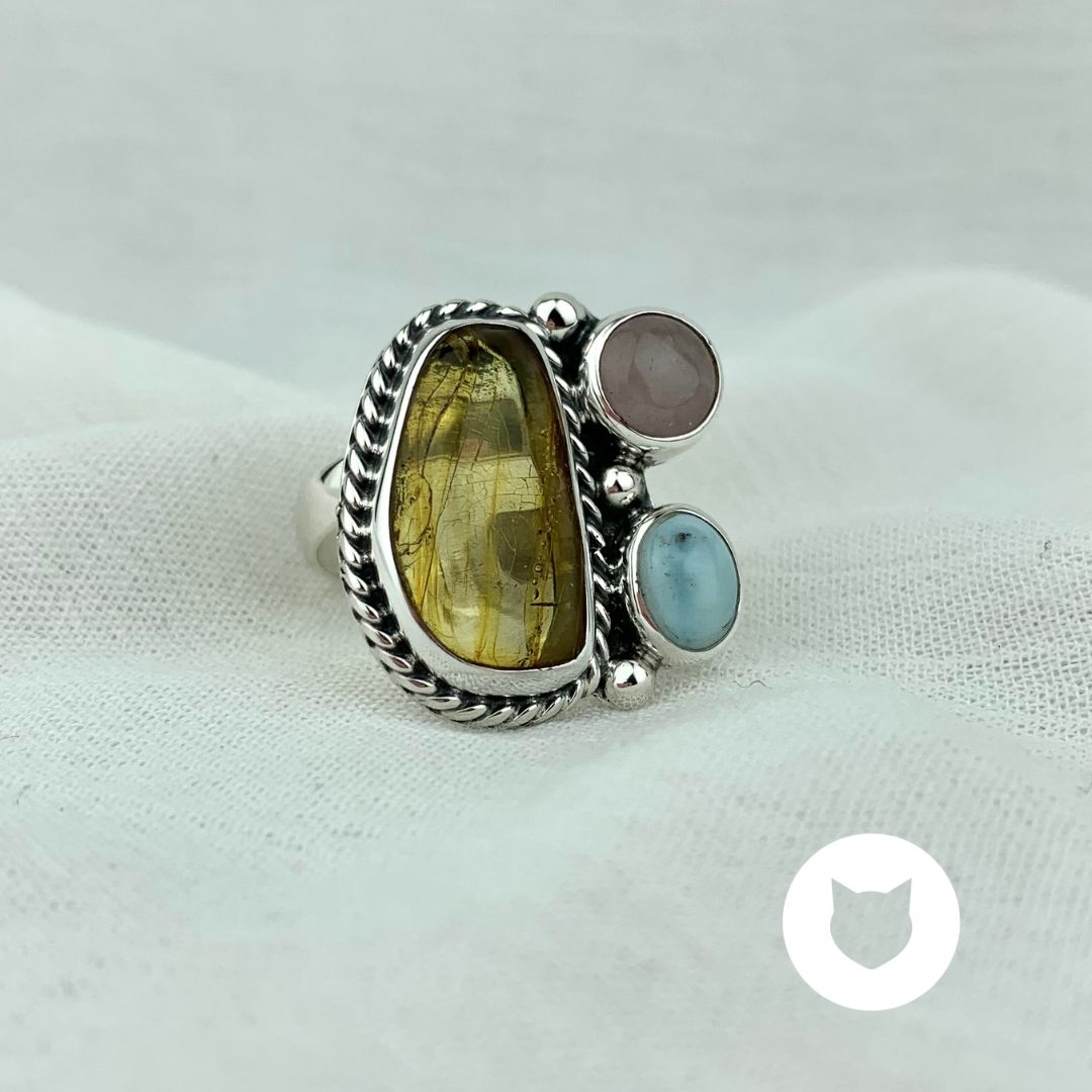 ANILLO DE PLATA 925, AMBAR, CUARZO ROSA Y LARIMAR TALLA AJUSTABLE AN3269M31
