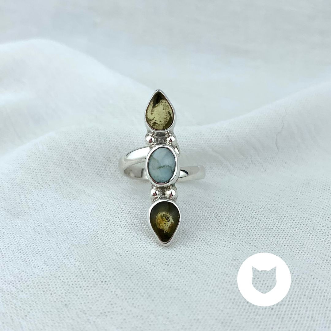 ANILLO DE PLATA 925, ÁMBAR Y LARIMAR TALLA AJUSTABLE AN3230M29