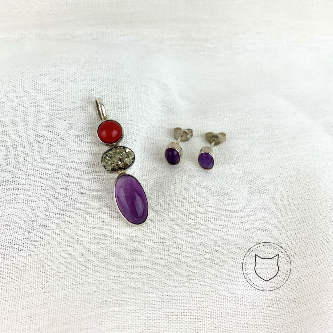 SET DE PLATA 925, AMATISTA, PIRITA Y CORAL SE0647M34