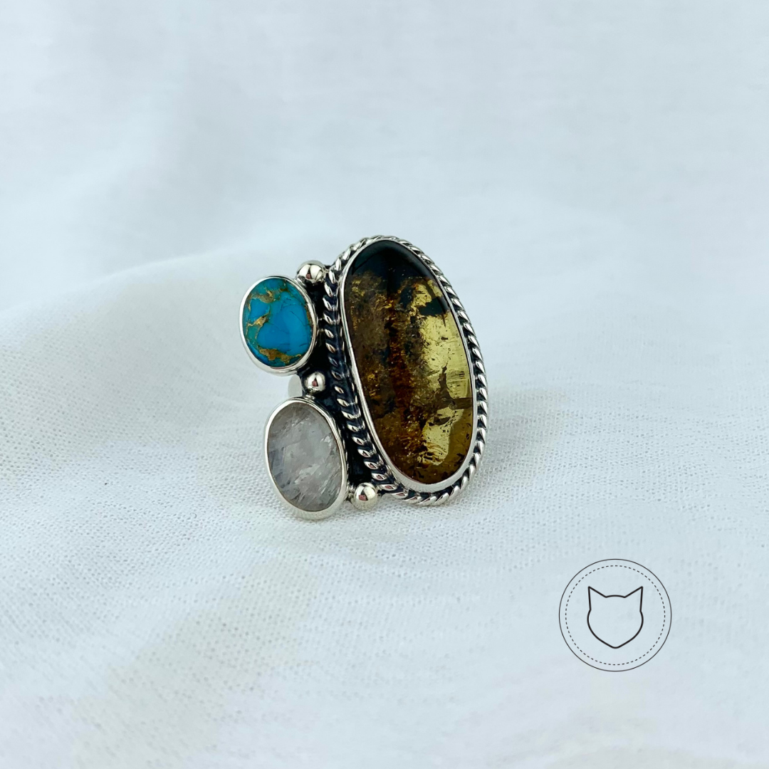 ANILLO DE PLATA 925, ÁMBAR, PIEDRA LUNA Y TURQUESA TALLA AJUSTABLE AN2806M35