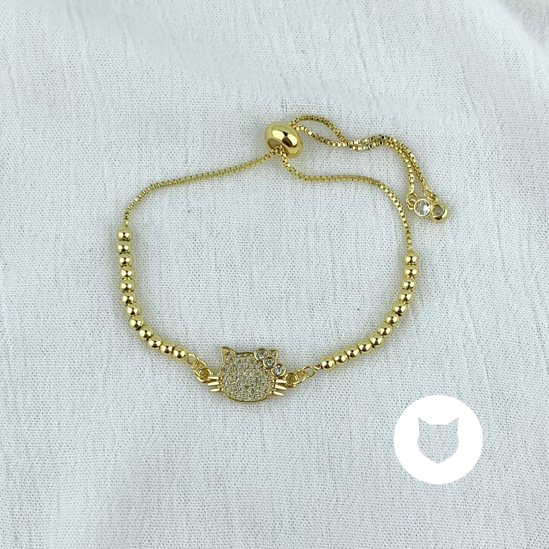 PULSERA DE BAÑO DE ORO Y CRISTALES GATO PU1714G35