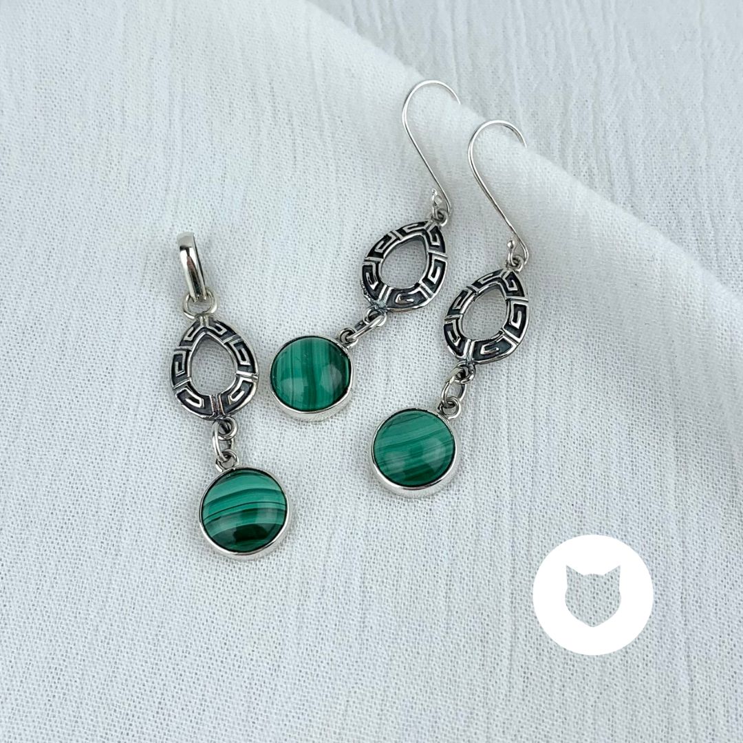 ​SET DE PLATA 925 (ARETES Y DIJE) Y MALAQUITA SE1035M38