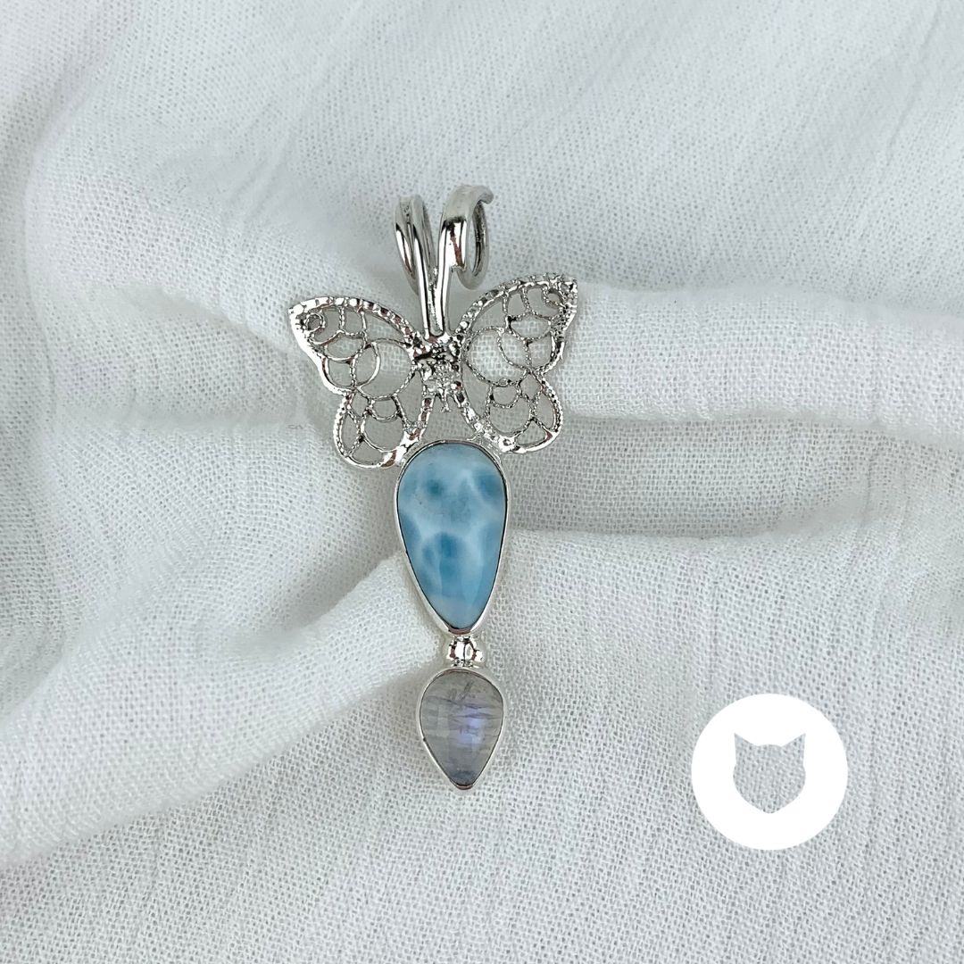 DIJE PLATA 925 MARIPOSA, LARIMAR Y PIEDRA LUNA DI0773M40