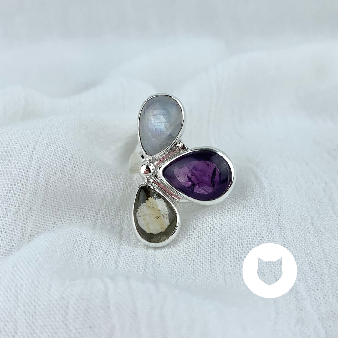 ANILLO DE PLATA 925, PIEDRA LUNA, CITRINO Y AMATISTA AN3527M40