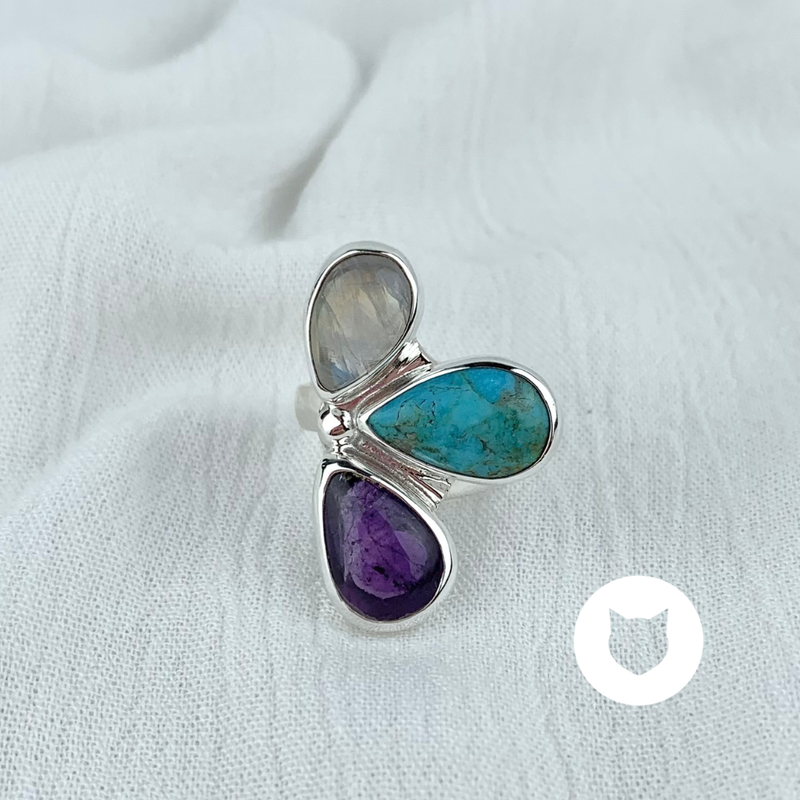 ANILLO DE PLATA 925, PIEDRA LUNA, TURQUESA Y AMATISTA AN3532M40