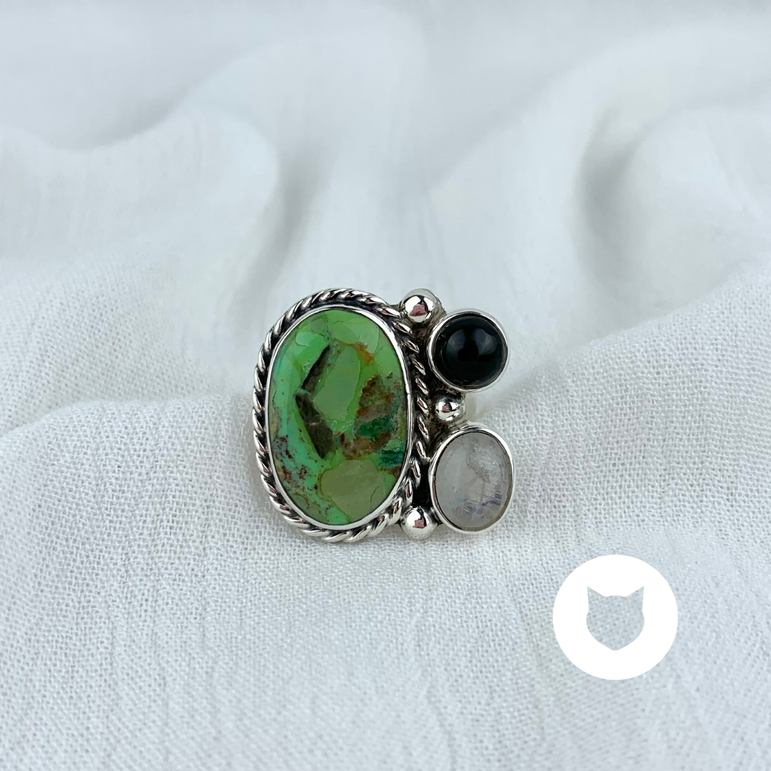 ANILLO DE PLATA 925, TURQUESA VERDE, PIEDRA LUNA, ÓNIX AN3538M37