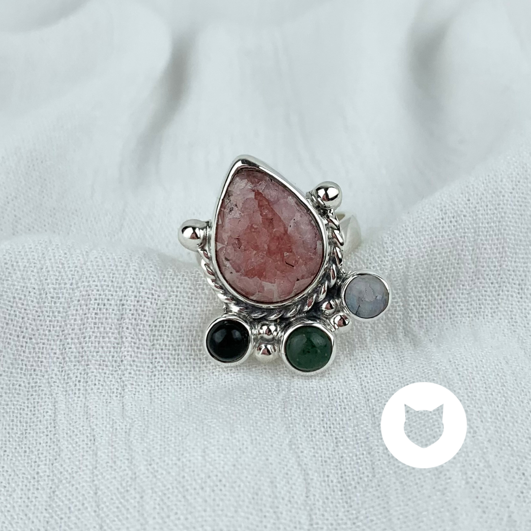 ANILLO DE PLATA 925, RODONITA, ÓNIX, AVENTURINA Y PIEDRA LUNA AN3541M38