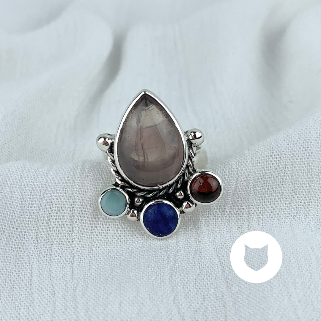 ANILLO DE PLATA 925, CUARZO ROSA, LARIMAR, LAPISLÁZULI Y GRANATE AN3542M38