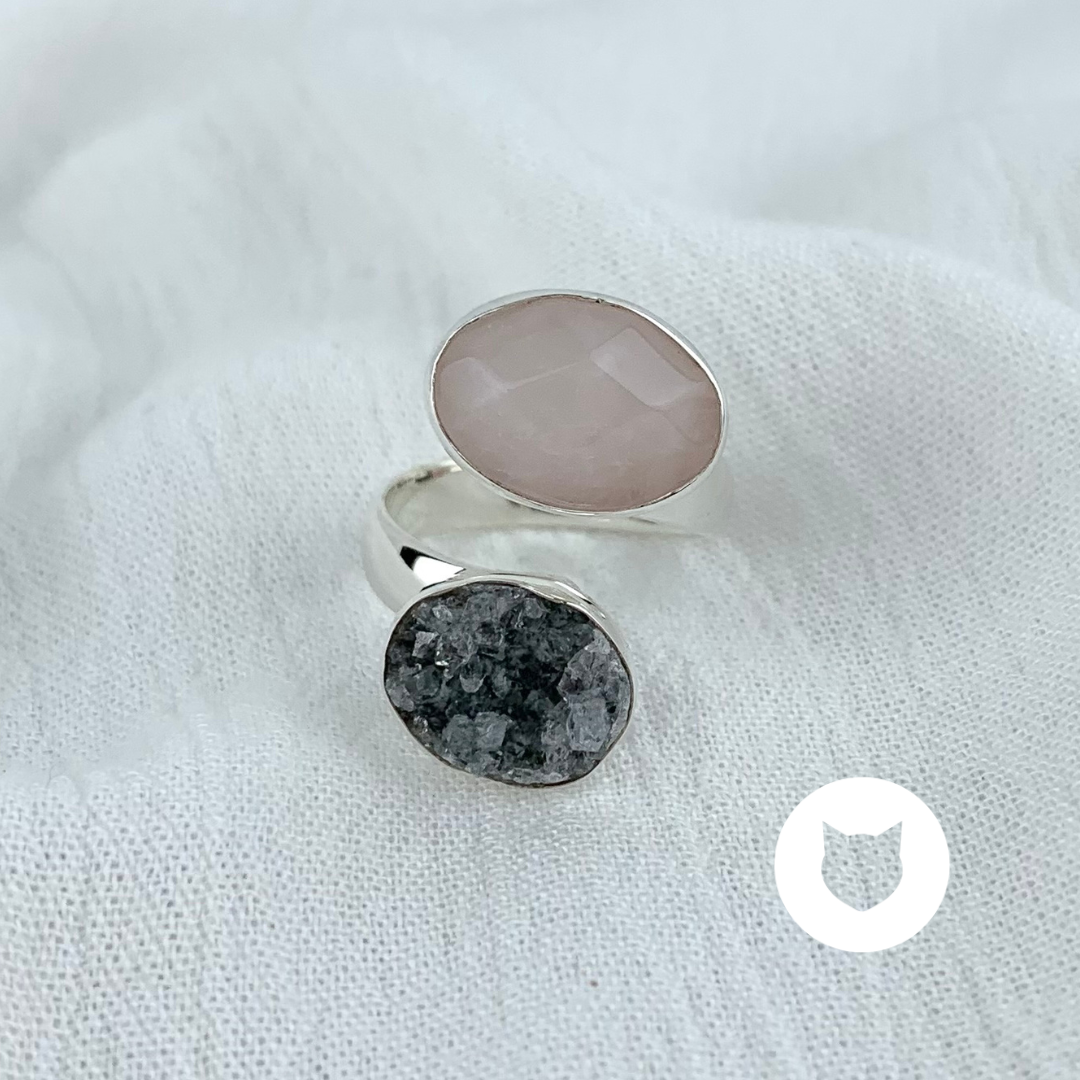 ANILLO DE PLATA 925, CUARZO ROSA Y DRUSA AN3558M37