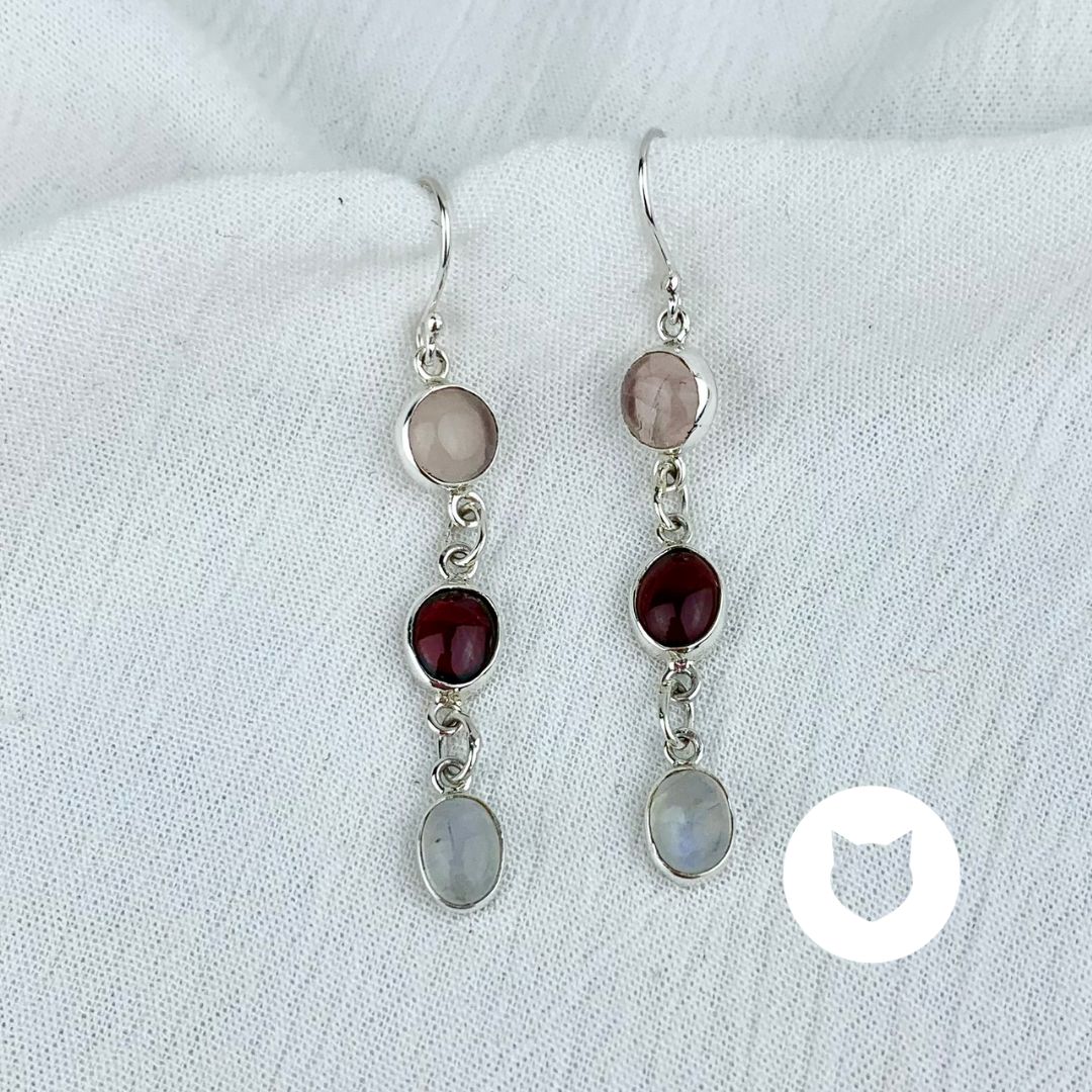 ARETES DE PLATA 925, CUARZO ROSA, GRANATE Y PIEDRA LUNA AR2689M39