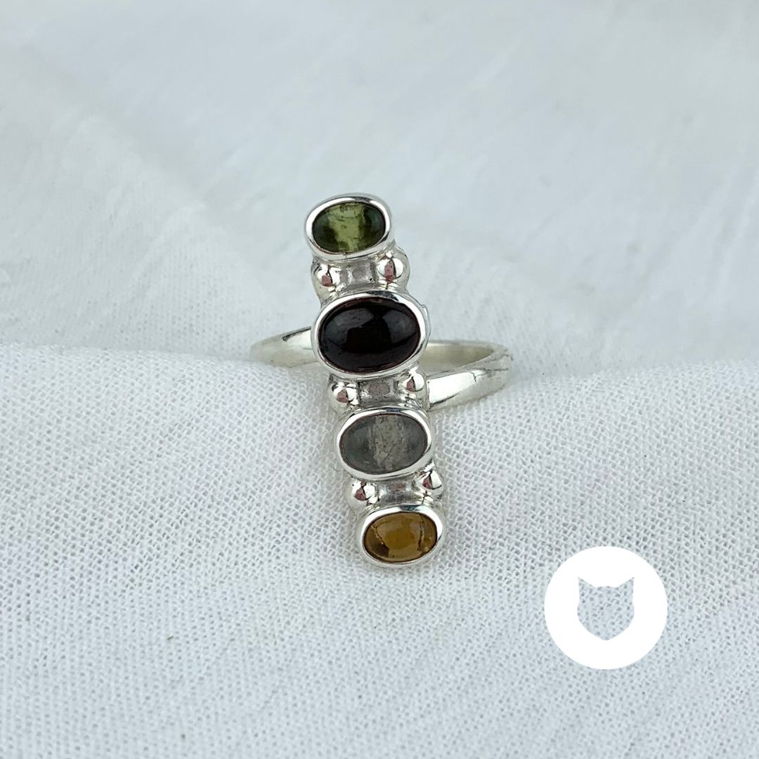 ​ANILLO DE PLATA 925, PIEDRA LUNA, GRANATE, ÁMBAR Y ÁGATA MUSGOSA AN3587M35