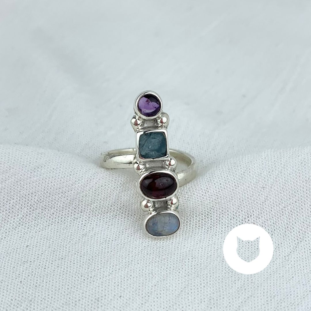 ​ANILLO DE PLATA 925, PIEDRA LUNA, GRANATE, AGUA MARINA Y AMATISTA AN3589M35