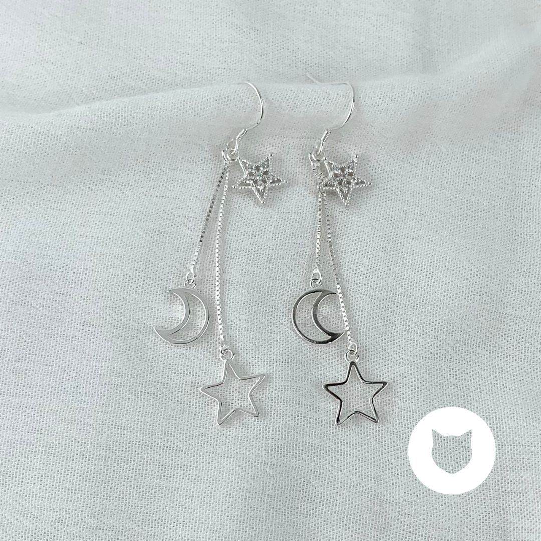 ARETES DE PLATA 925 CON CRISTALES ESTRELLAS Y LUNA AR2739L23