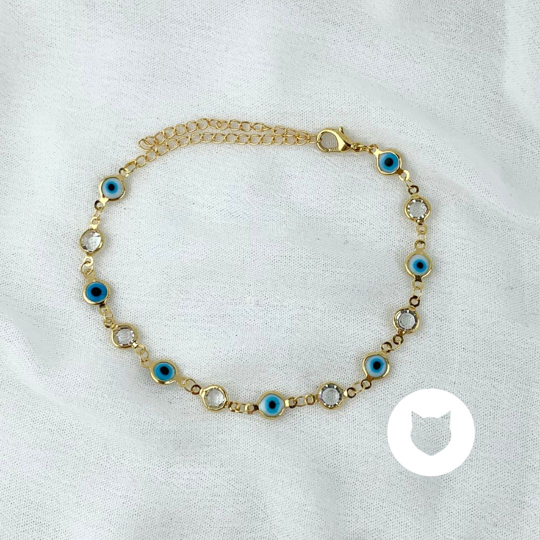 TOBILLERA DE BAÑO DE ORO CON CRISTALES Y OJOS TURCOS TO0094G30