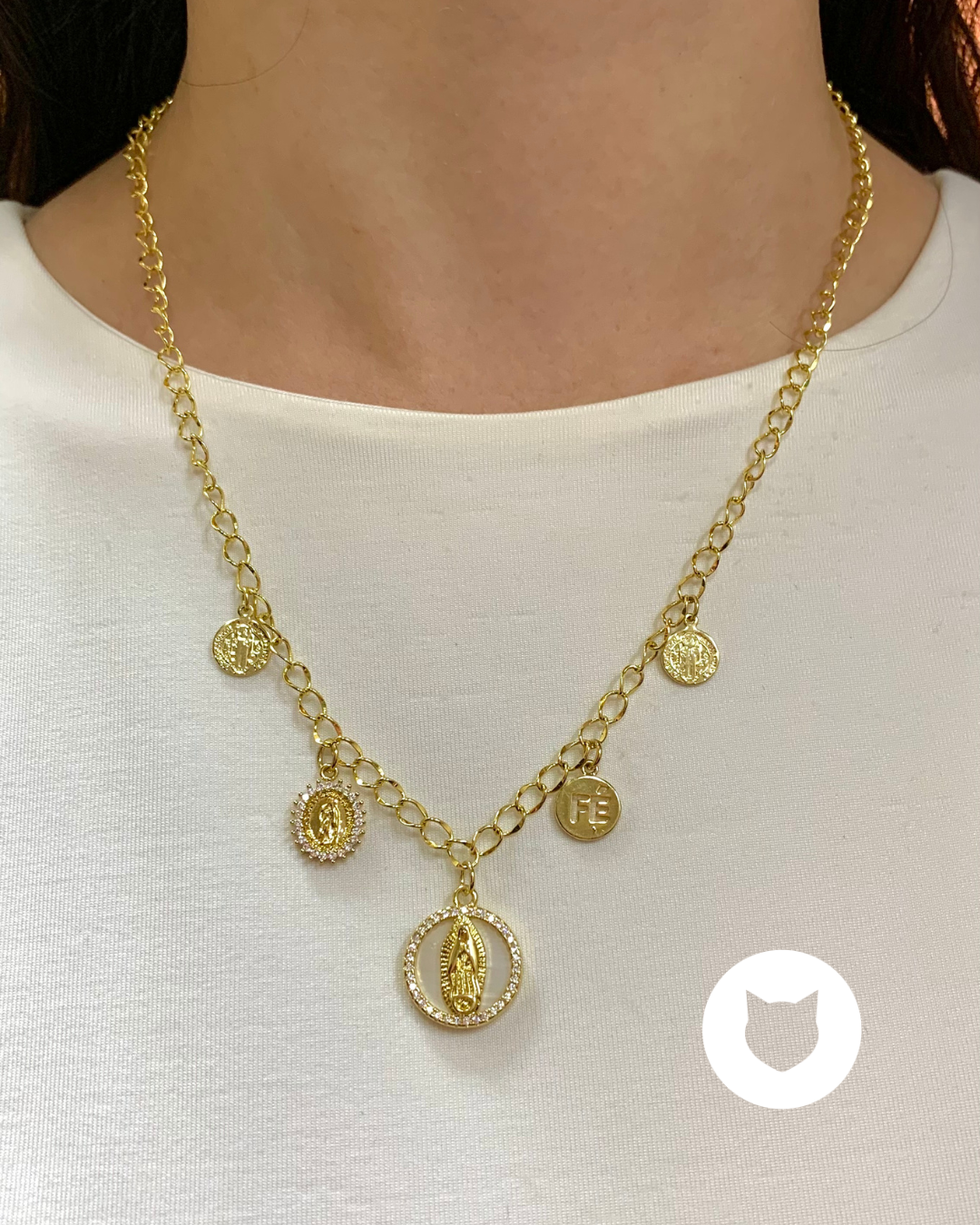 COLLAR DE BAÑO DE ORO Y CRISTALES CHARMS RELIGIOSOS CO1792G30