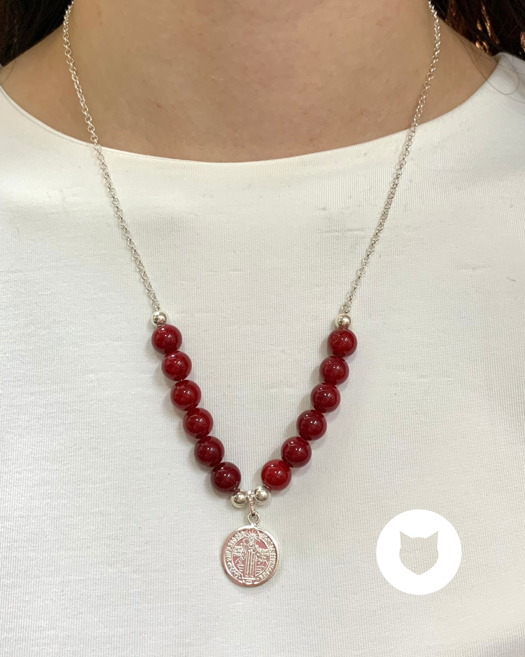 ​COLLAR DE PLATA 925 Y JADE ROJO MEDALLA DE SAN BENITO CO1805F44