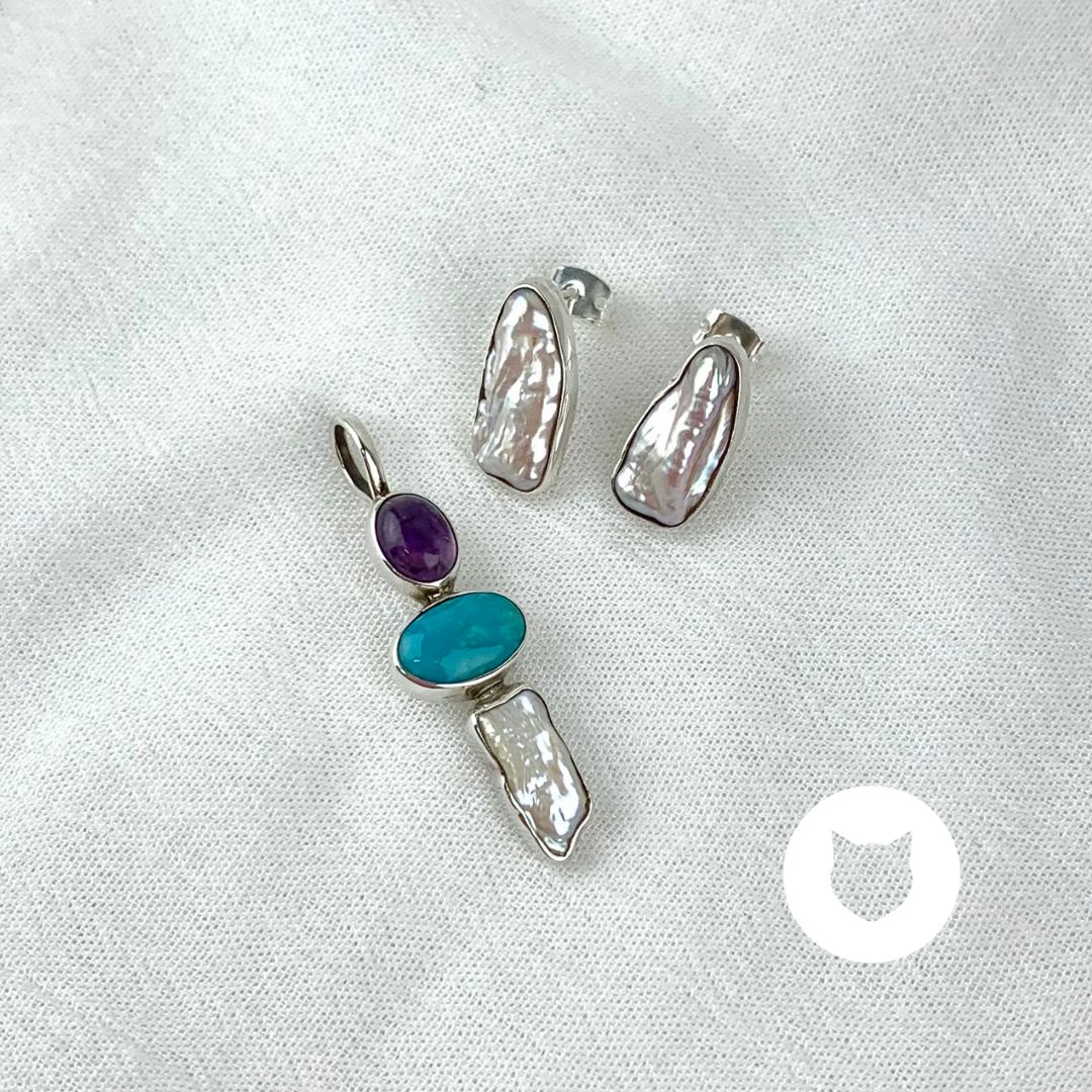 ​SET DE PLATA 925, PERLA BIGUA, TURQUESA Y AMATISTA SE0774M38