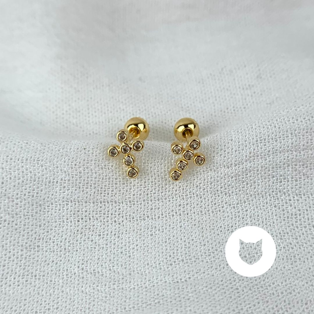 ARETES DE BAÑO DE ORO Y CRISTALES CRUZ AB0476G30