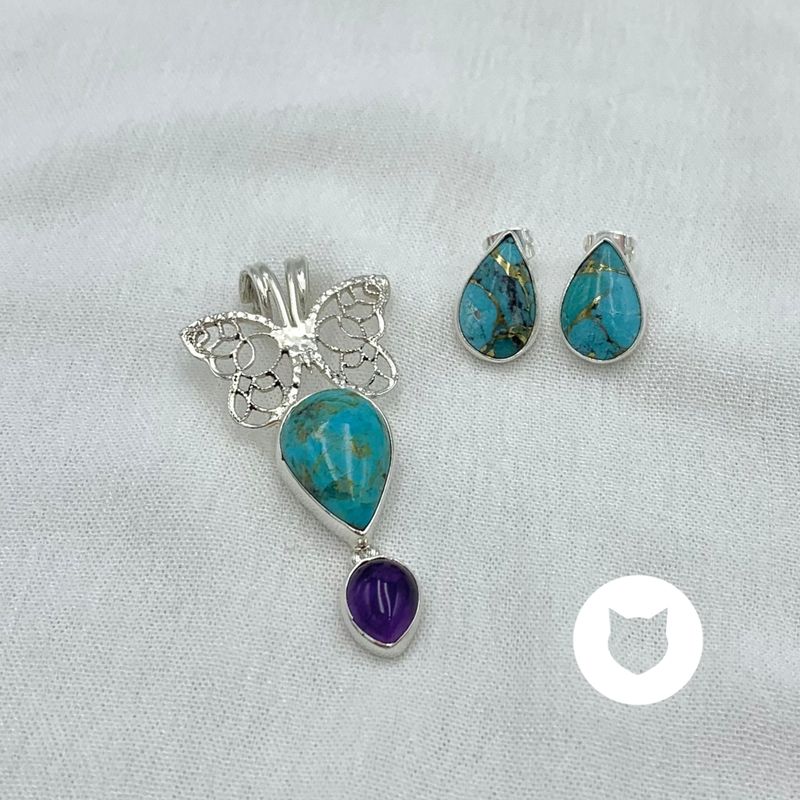 SET MARIPOSA DE PLATA 925, AMATISTA Y TURQUESA SE1055M40