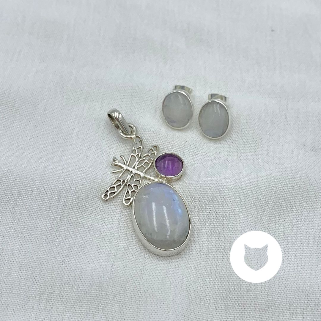 SET LIBÉLULA DE PLATA 925, AMATISTA Y PIEDRA LUNA SE1059M36
