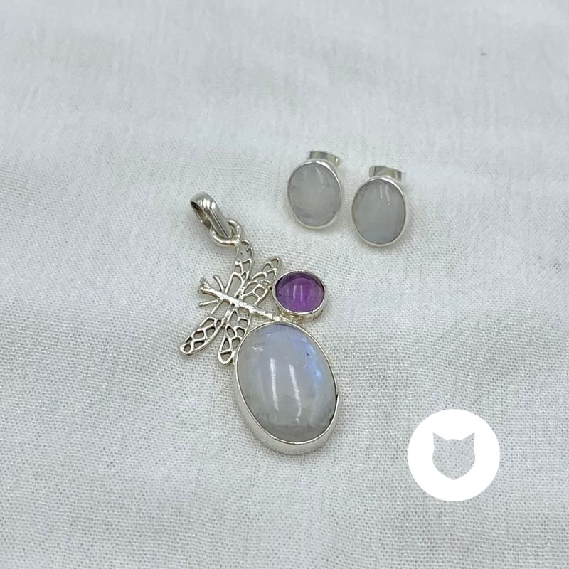 SET LIBÉLULA DE PLATA 925, AMATISTA Y PIEDRA LUNA SE1059M36