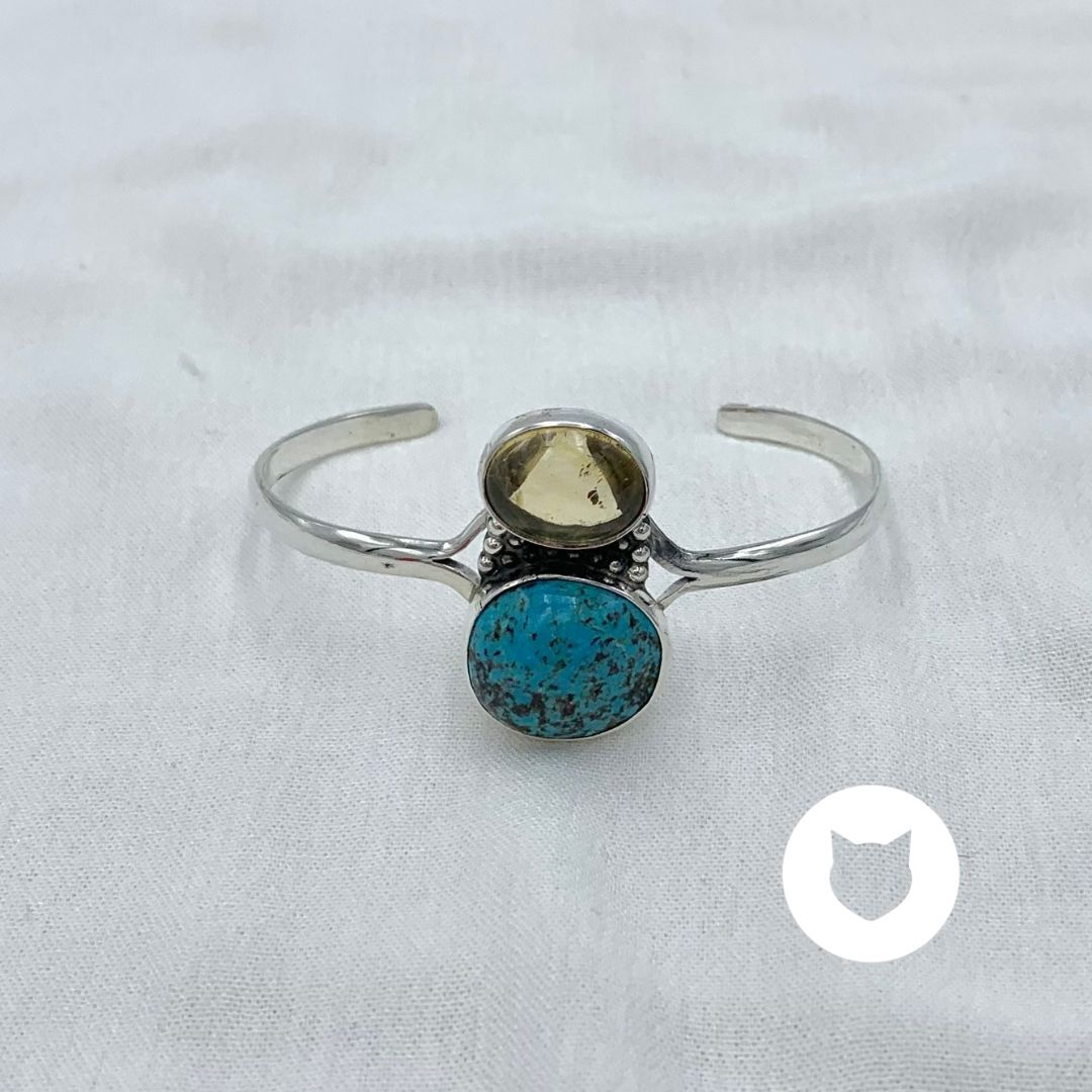 PULSERA BRAZALETE ABIERTO DE PLATA 925 AÑEJADA, ÁMBAR Y TURQUESA PU1920M32