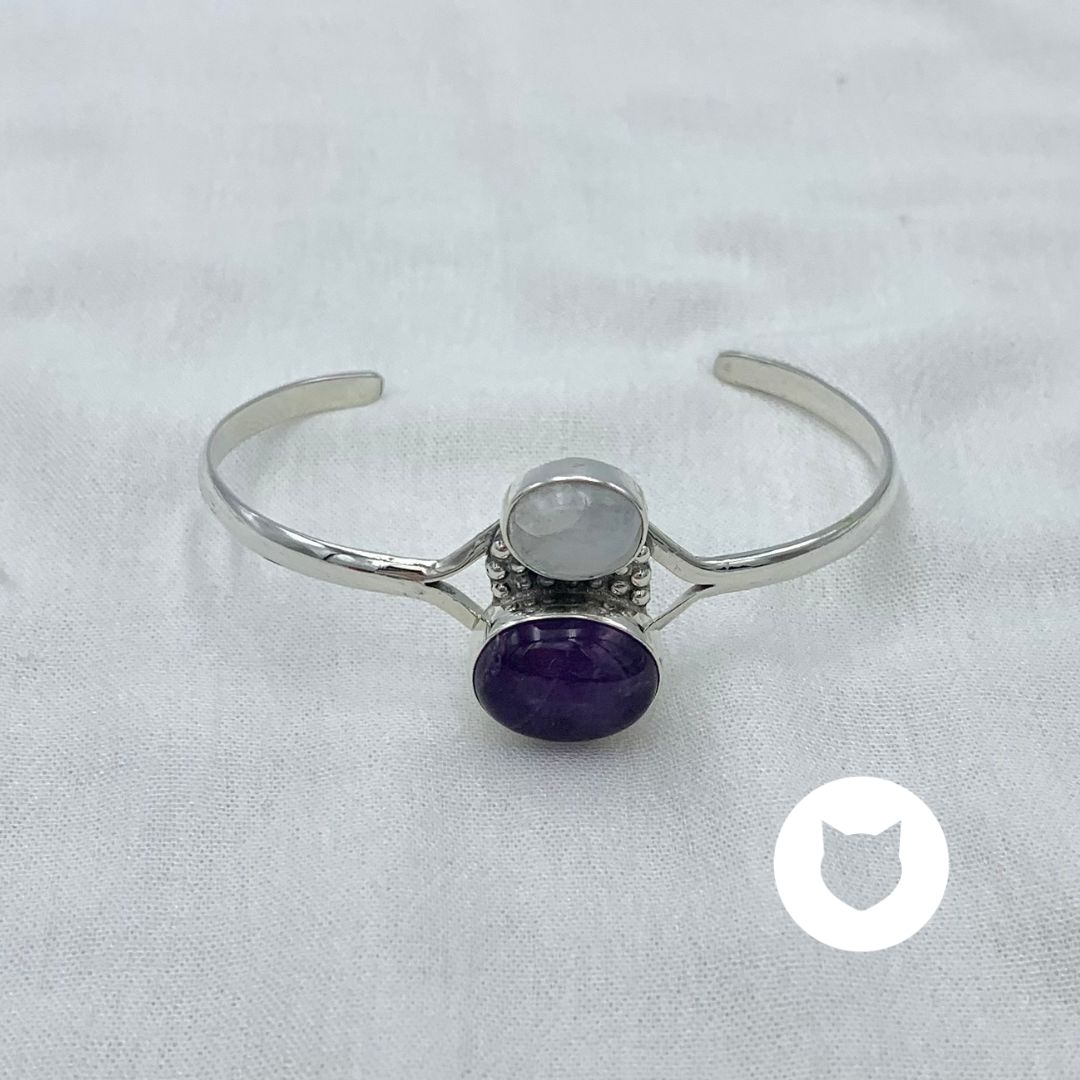 PULSERA BRAZALETE ABIERTO DE PLATA 925 AÑEJADA, AMATISTA Y PIEDRA LUNA PU1921M30 PULSERA BRAZALETE ABIERTO DE PLATA 925 AÑEJADA, AMATISTA Y PIEDRA LUNA PU1921M30