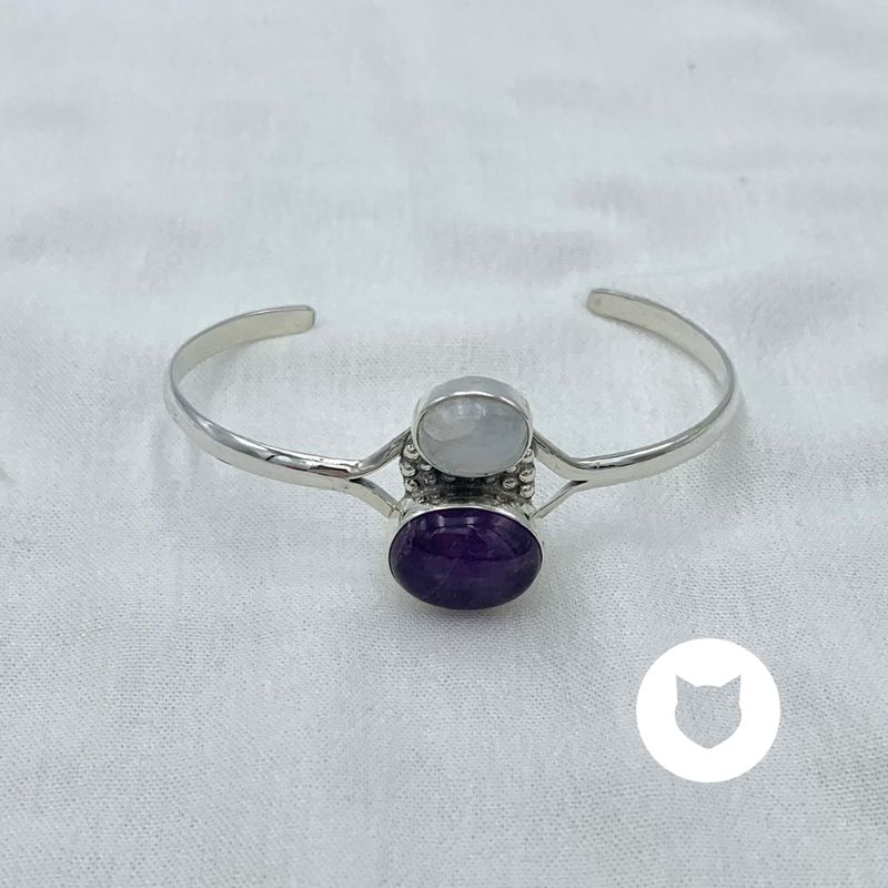 PULSERA BRAZALETE ABIERTO DE PLATA 925 AÑEJADA, AMATISTA Y PIEDRA LUNA PU1921M30