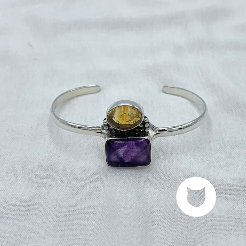 PULSERA BRAZALETE ABIERTO DE PLATA 925 AÑEJADA, AMATISTA Y ÁMBAR PU1924M32