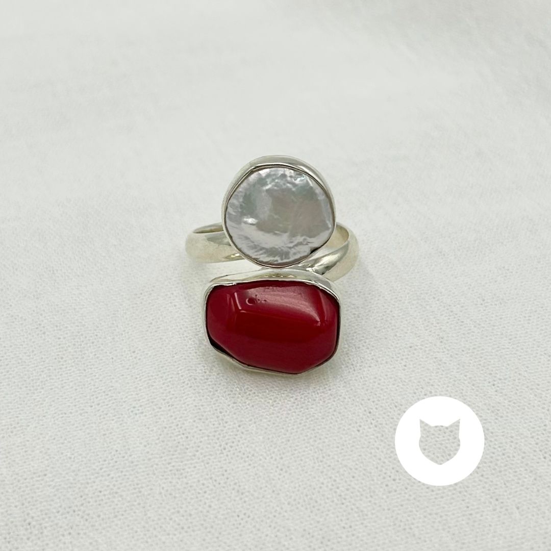 ANILLO DE PLATA 925, PERLA CULTIVADA Y CORAL TEÑIDO AN3856M31