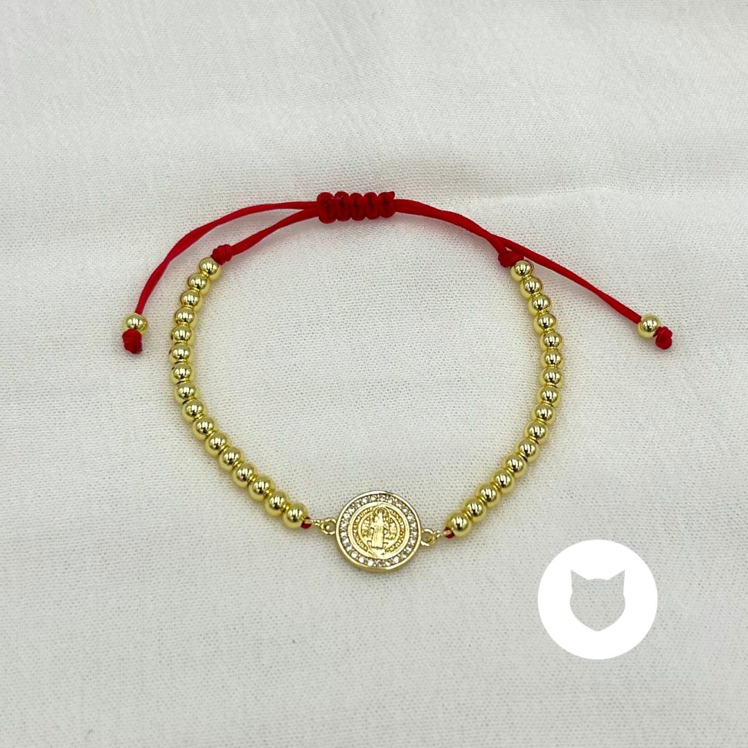PULSERA DE HILO ROJO Y BAÑO DE ORO MEDALLA SAN BENITO PU1940G32
