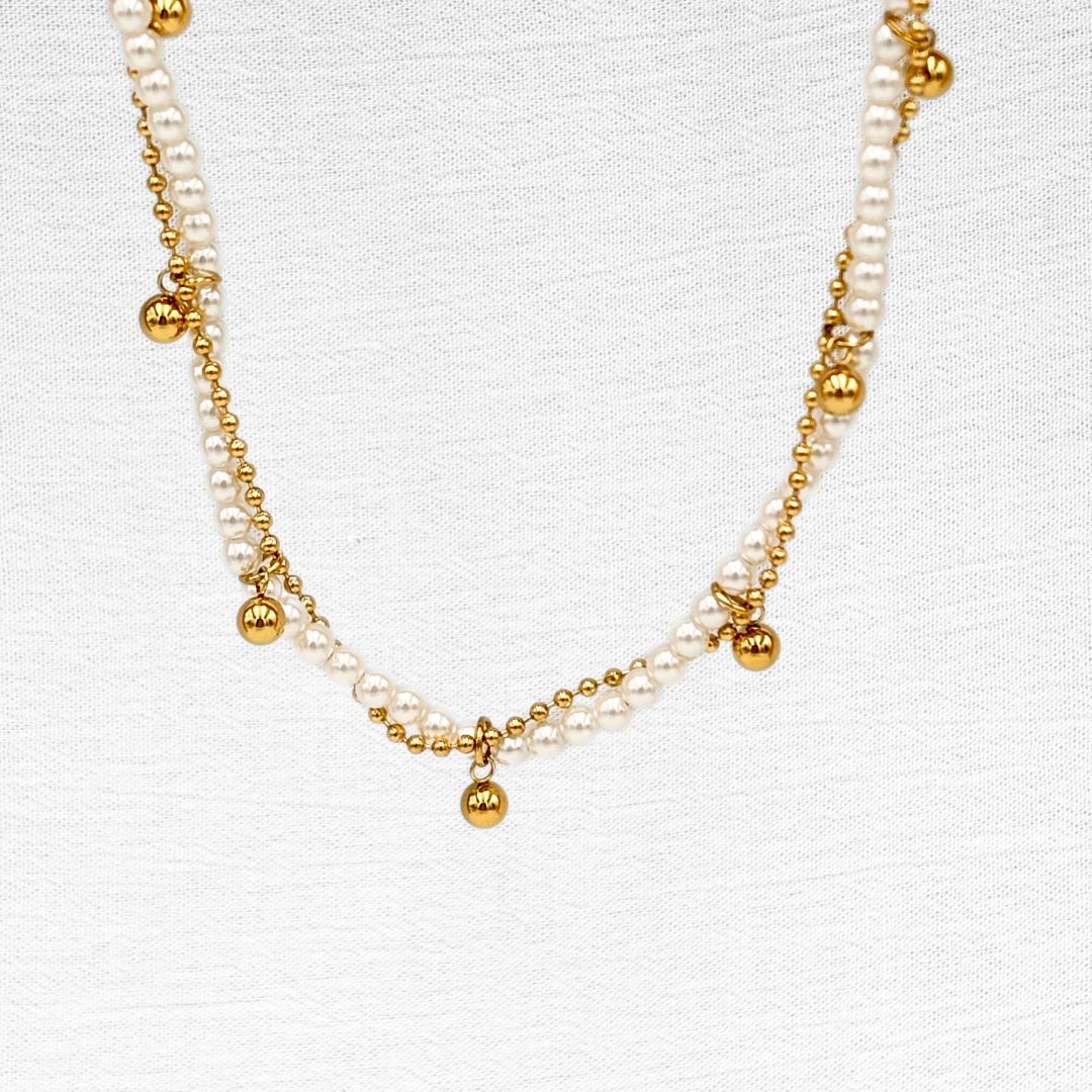 COLLAR ACERO DOBLE BOLITAS Y PERLAS CO1855G38 COLLAR ACERO DOBLE BOLITAS Y PERLAS CO1855G38
