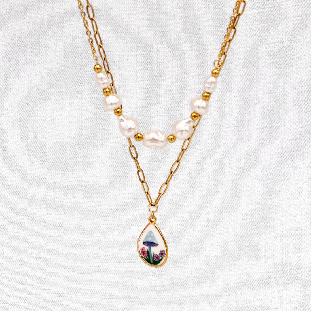 COLLAR DOBLE DIJE HONGO Y PIEDRAS TIPO PERLA CO1863G42 COLLAR DOBLE DIJE HONGO Y PIEDRAS TIPO PERLA CO1863G42