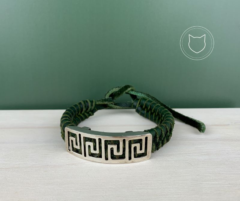 PULSERA DE PLATA 925 Y CUERO VERDE PU0634M