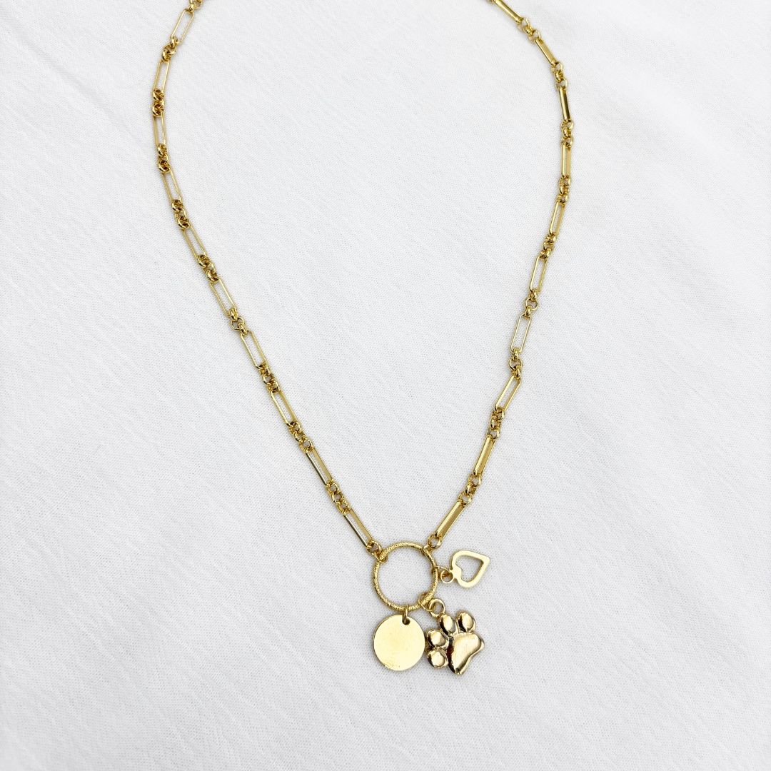 COLLAR DE CADENA MIXTA CON DIJES DE HUELLA Y CORAZÓN EN BAÑO DE ORO 18K CO1886G36