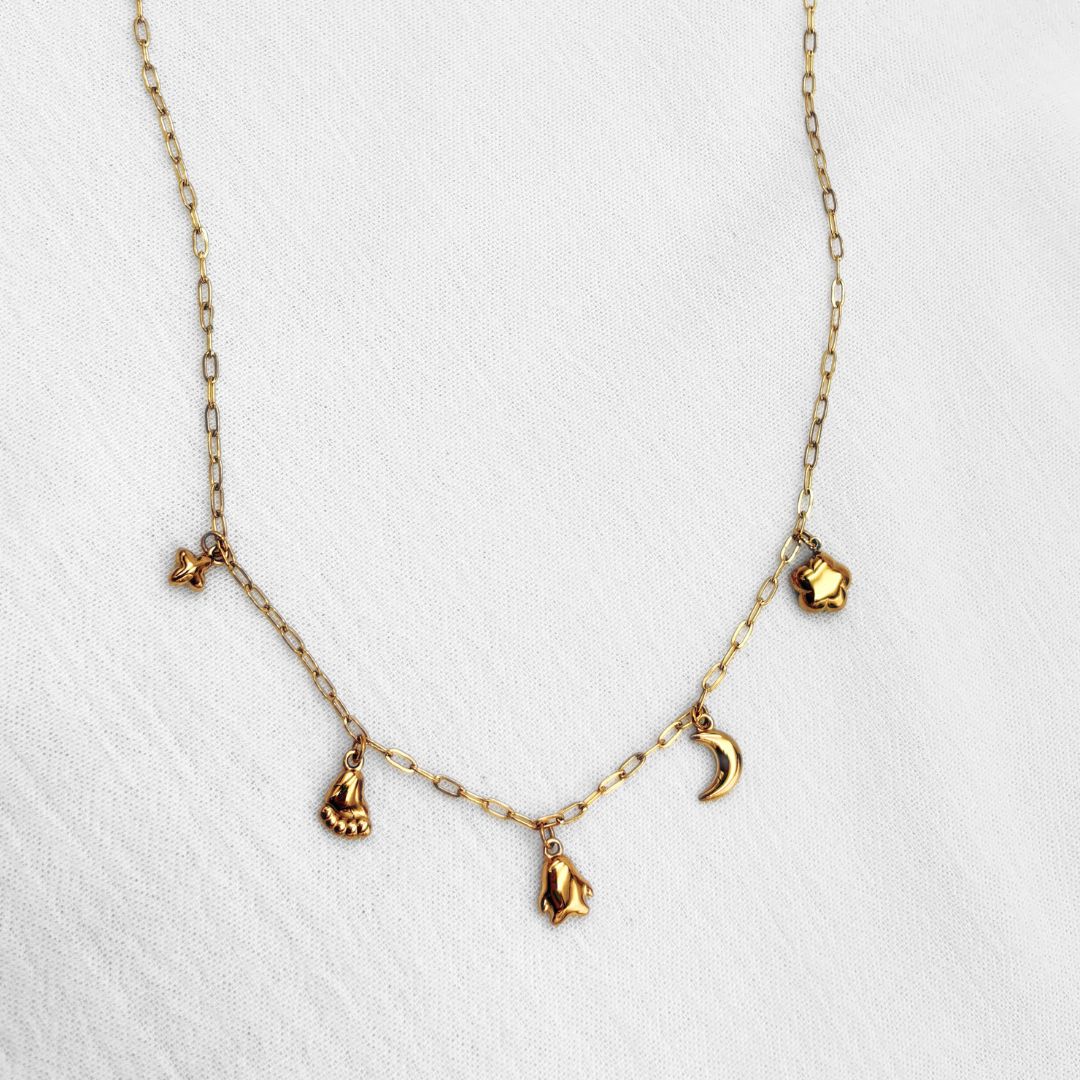 COLLAR DE ESLABONES FINOS CON DIJES ASTRALES Y DE LA SUERTE EN ACERO CO1888G30 COLLAR DE ESLABONES FINOS CON DIJES ASTRALES Y DE LA SUERTE EN ACERO CO1888G30