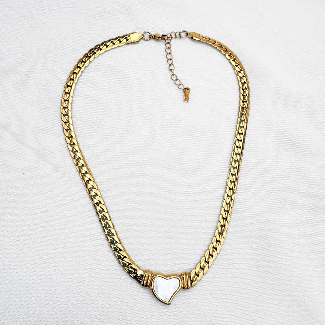 COLLAR DE CADENA TEJIDO ESPIGA TRENZADO CORAZÓN MADRE PERLA  EN ACERO CO1891G31