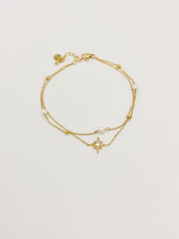 TOBILLERA DE ACERO DOBLE "ESTRELLA DEL NORTE" CON PERLAS Y CRISTALES TO0136G30