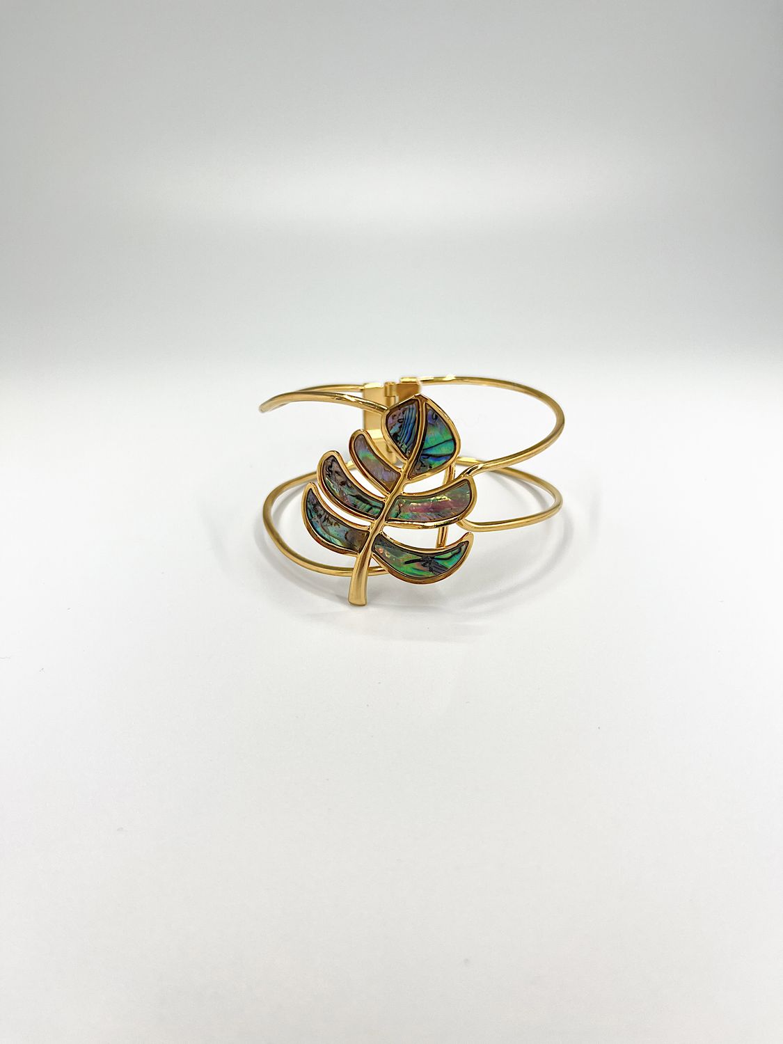 BRAZALETE DE ACERO HOJA TROPICAL CON INCRUSTACIÓN DE ABALÓN PU2087G59